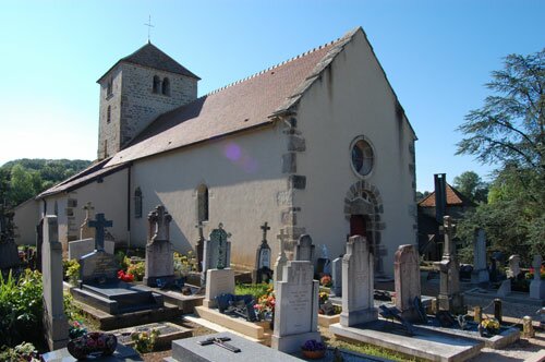Front view of the Romanesque church in Burzy France.
