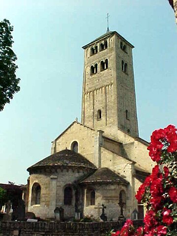 Chapaize bell tower as viewed from the street just behind church..