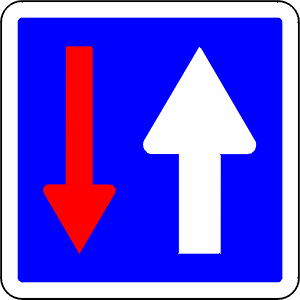 Vehicles going in the direction of the white arrow have the right of way.