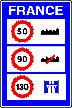 Boarder crossing sign, indicating French speed limit regulations.