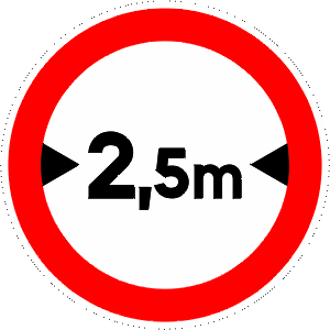 Road closed to vehicles wider than the number indicated.