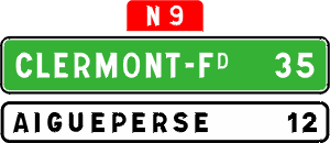 Distance to upcoming destinations, red N9 signifies national road 9. Found on non-<em>Autoroute</em> highways