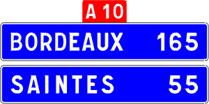 Distance to upcoming destinations, red A10 signifies <em>Autoroute</em> 10.