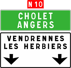Upcoming destinations, arrows indicate the lane destinations. Red N10 indicates National road 10.