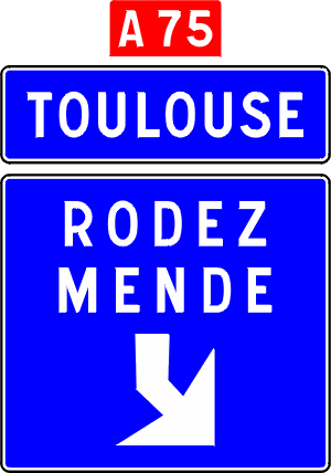 Lane merge to another <em>Autoroute</em>, arrow indicates to veer right.