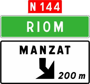 Lane exit, distance to it, destinations reached from it and arrow indication to veer right.
