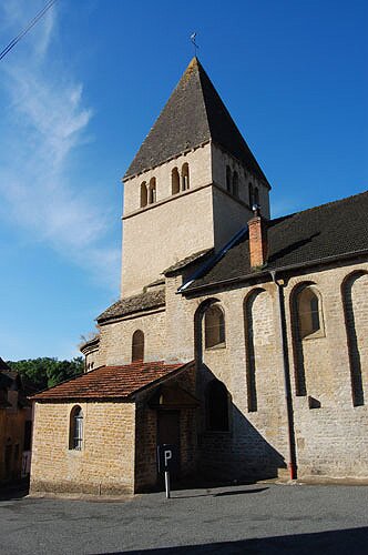 View of the Bell Tower Romanesque church in Genouilly in Burgundy.