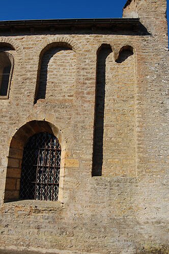 View of the Lombard Bands on the Romanesque church in Genouilly in Burgundy.