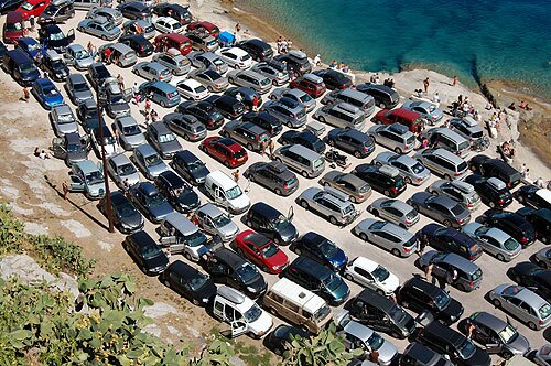 Cars in Calvi waiting to board a ferry.
