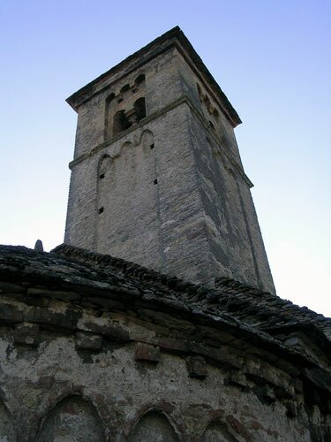 Bell tower and Lombard Bands of the village church of Saint Martin Belle Roche France.