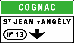 Upcoming exit with destination name and arrow to indicate lane.