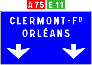 Upcoming destinations, arrows indicate the lane destinations. Red N75 indicates Autoroute 75 and the green E11 indicates European Highway 11. 