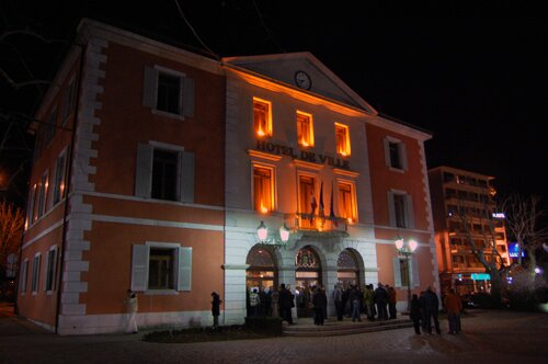 Town hall of La Roche sur Foron on election night in France.