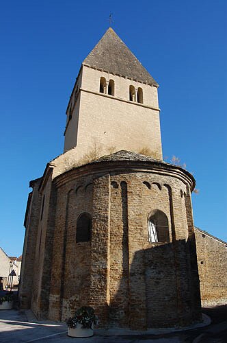 View of the Apse and Bell Tower Romanesque church in Genouilly in Burgundy.
